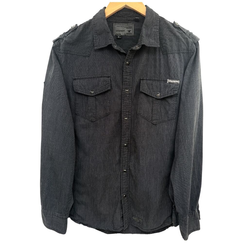 Ocean Current Black Button Up Shirt Mens Large Striped Snap Front Long Sleeve